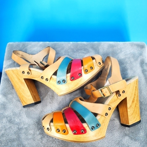 Korks multicolor leather strap wood platform heels 10 - Picture 1 of 16